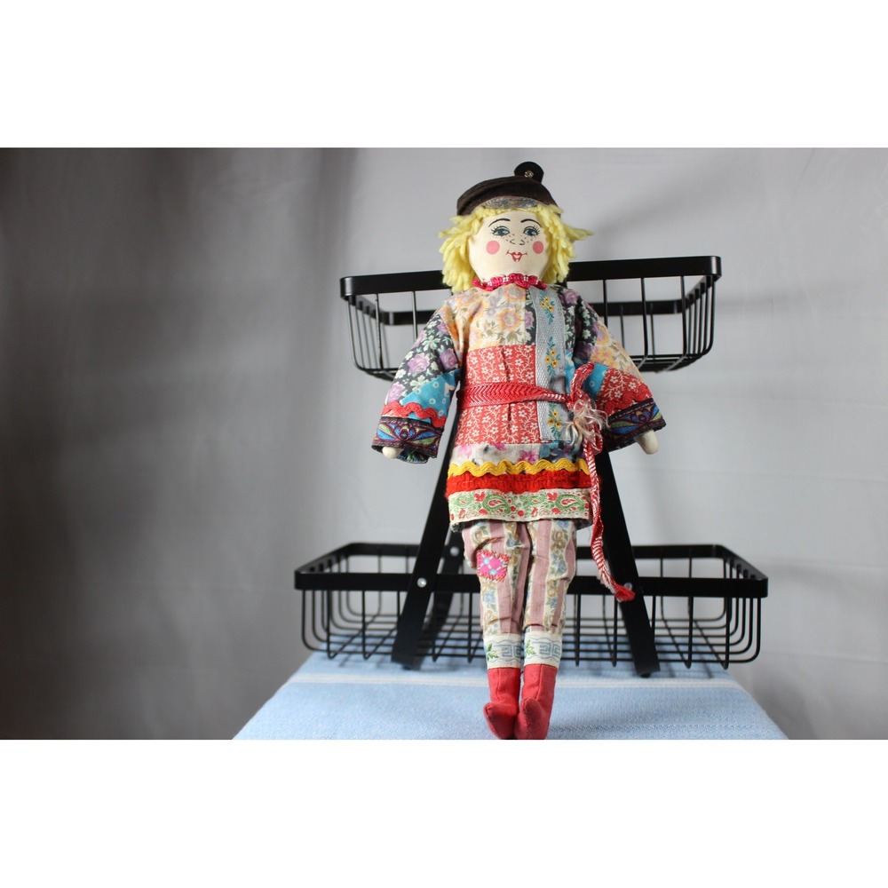 Vintage Handmade Folk Art Cloth Rag Doll Patchwork Traditional Dress 11.5 Inch